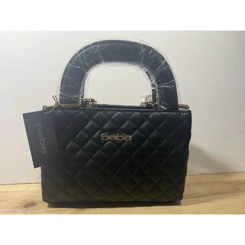 bebe Sofie Mini Satchel Crossbody Black Quilted Handbag NWT